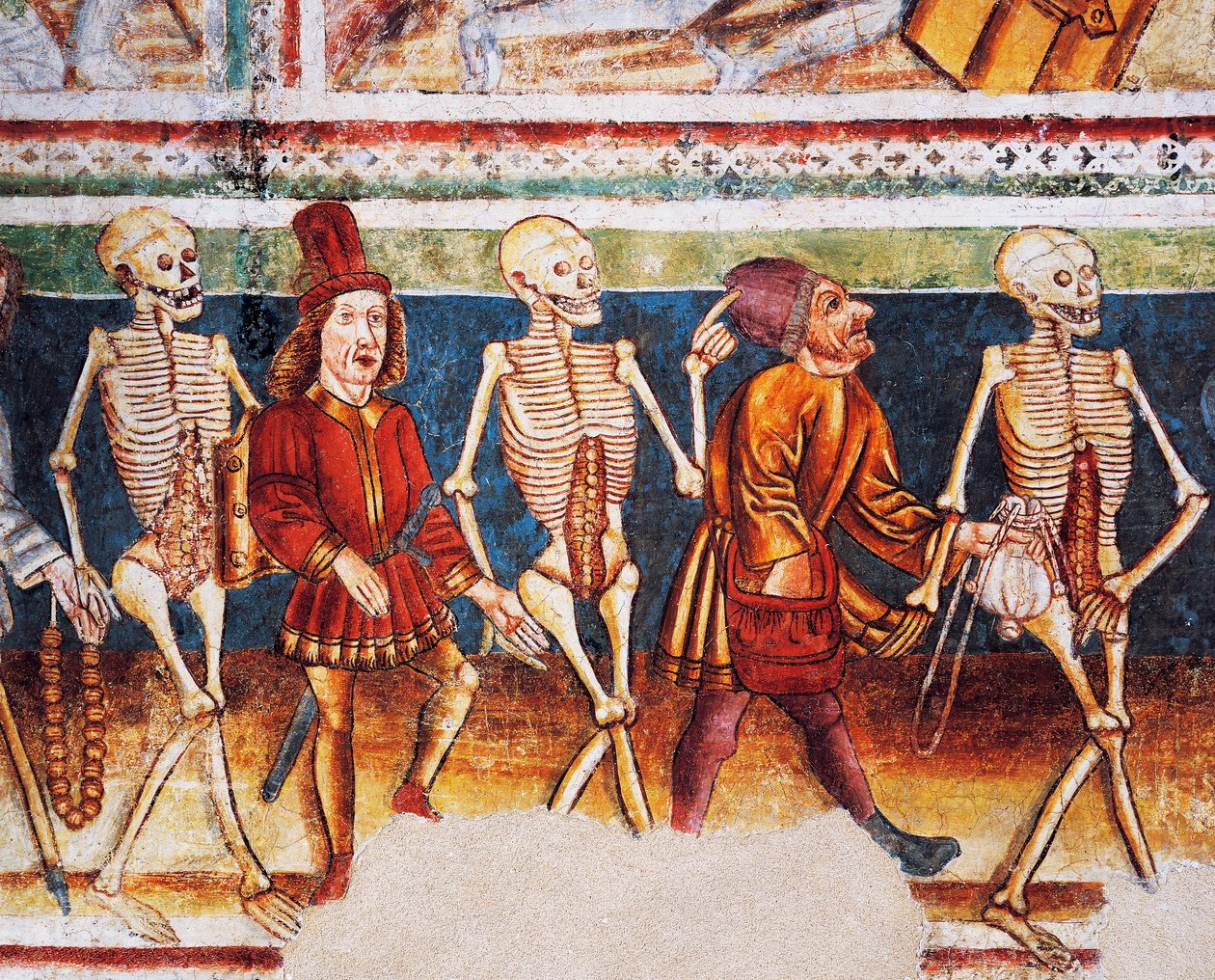 Hrastovlje Wehrkirche, Dreifaltigkeitskirche, Tod begleitet Kaufmann und wohlhabenden Banker, Totentanz (1490), Detail aus Fresken von Janez Iz Kastva, Slowenien von Janez Kastav