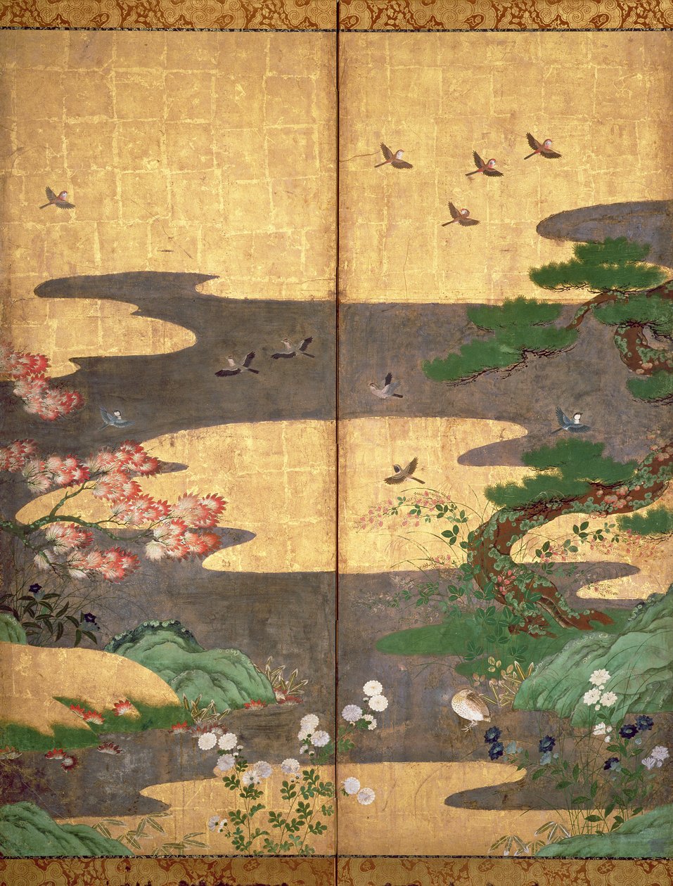 Vögel mit Herbst- und Winterblumen von Japanese School