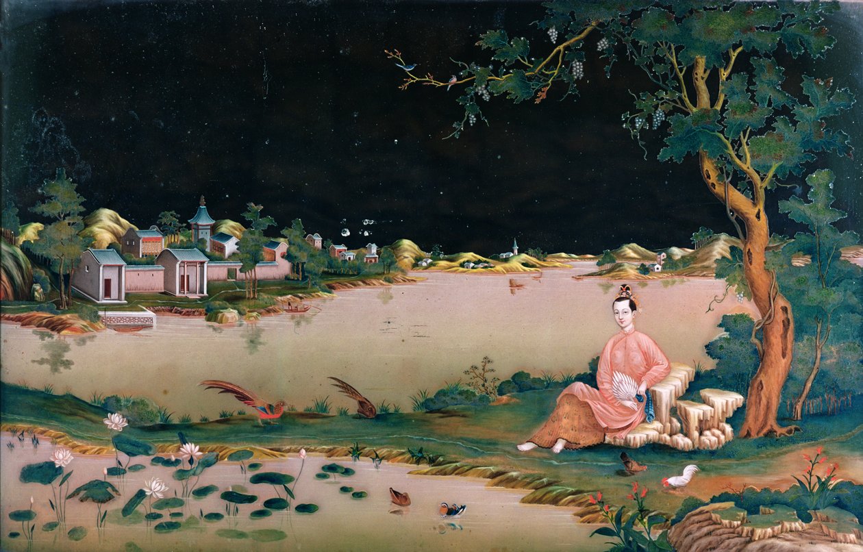 Japanische Spiegelmalerei, die ein sitzendes Mädchen zeigt, ca. 1800 von Japanese School