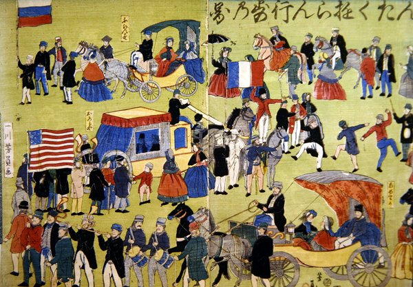 Amerikanische, niederländische und französische Besucher kommen in Yokohama, Japan, ca. 1860 an von Japanese School