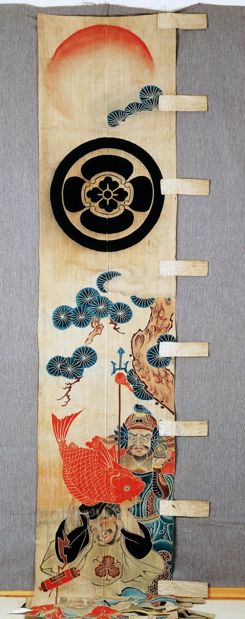 Banner (nobori), Detail der Sieben Glücksgötter-Motive, Familienwappen, Blume im Kreis, in Baumwolle, Reserviert mit Reismehl gefärbt, mit Pigmenten, Tinte, Chemikalien, Tinte, japanische Zivilisation, Meiji-Taisho-Periode, 20. Jahrhundert von Japanese School