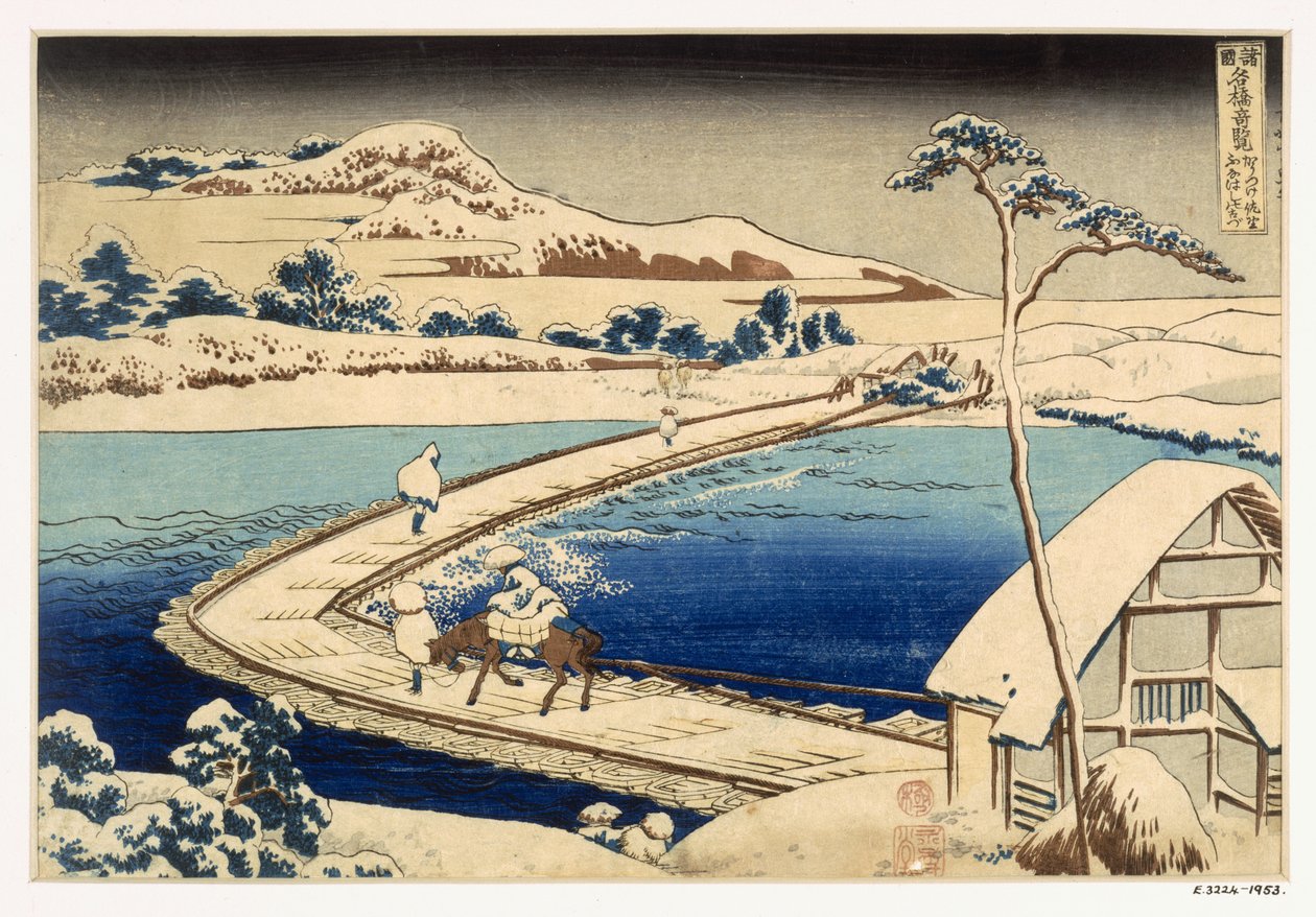 Brücke aus Booten in Sawa, 1830, Hokusai Katsushika (Handkolorierter Holzschnitt) von Japanese School