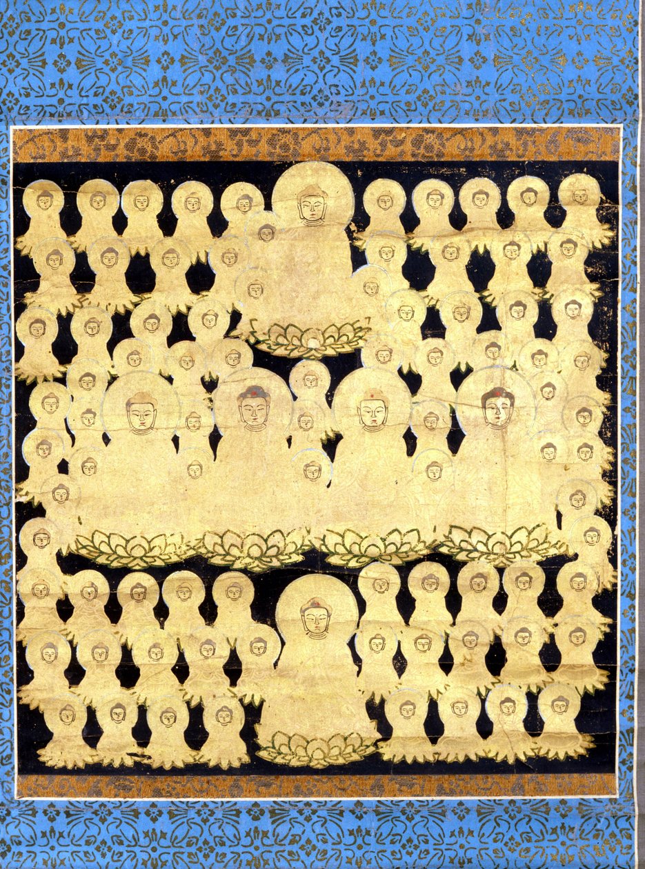 Fünfundachtzig Darstellungen des japanischen Buddha Amida Bosatsu. Gemälde auf Leinwand des 17. Jahrhunderts von Japanese School