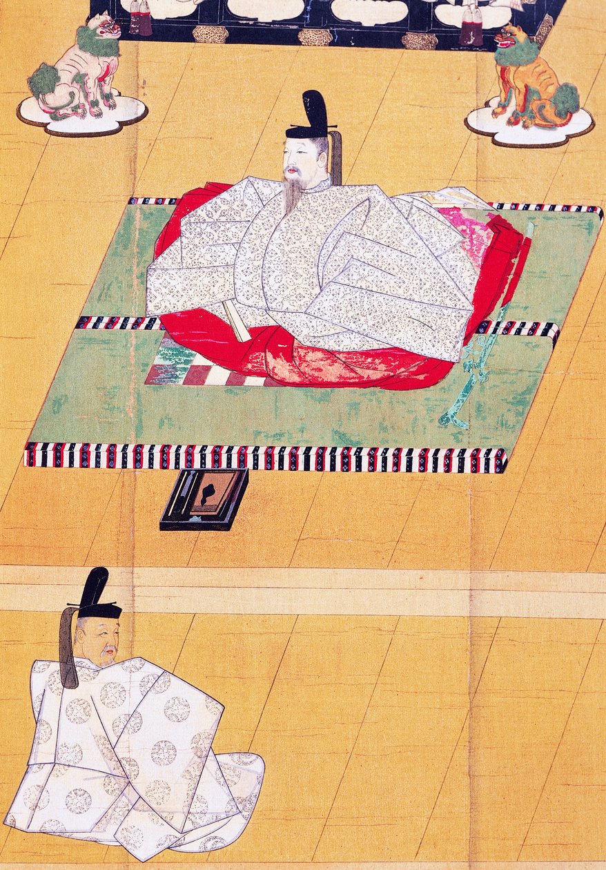 Kaiser Go-Daigo und Minister Fujifusa, Holzschnitt, Kamakura-Periode (1185-1333), japanische Zivilisation von Japanese School