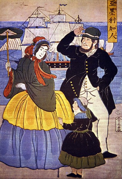 Europäische Familie an der Hafenfront von Yokohama, gemalt von einem japanischen Künstler im Jahr 1861 von Japanese School
