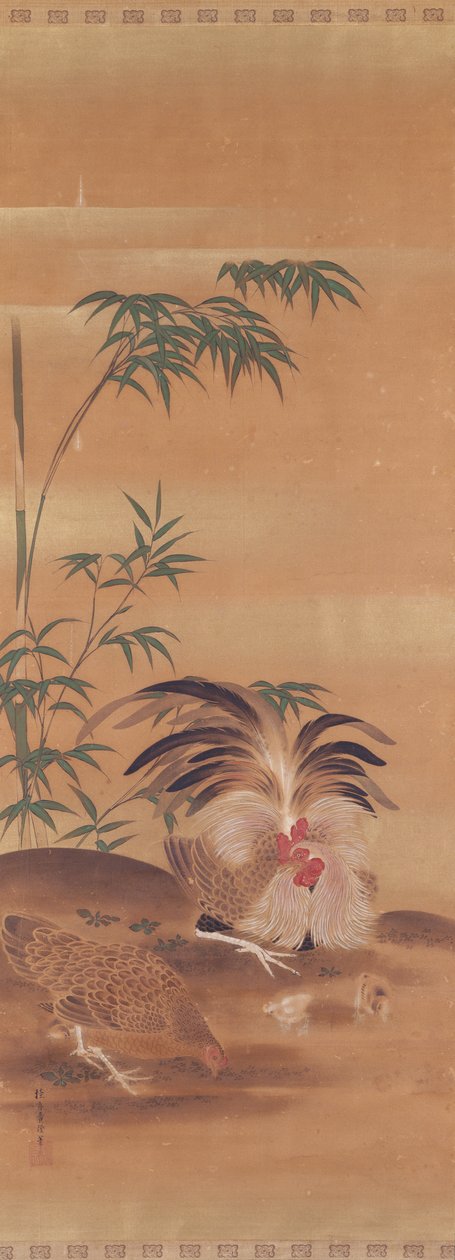 Japanisches Kakemono eines Hahns, einer Henne und Küken von Japanese School