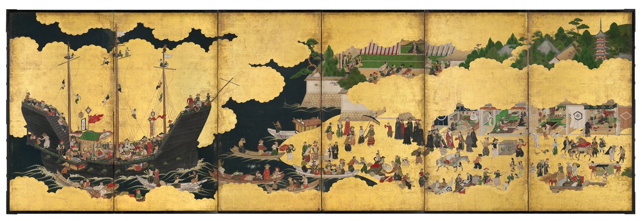 Nanban-Sechsfaltiger Bildschirm, der die Ankunft eines portugiesischen Handelsschiffs darstellt, Edo-Periode von Japanese School