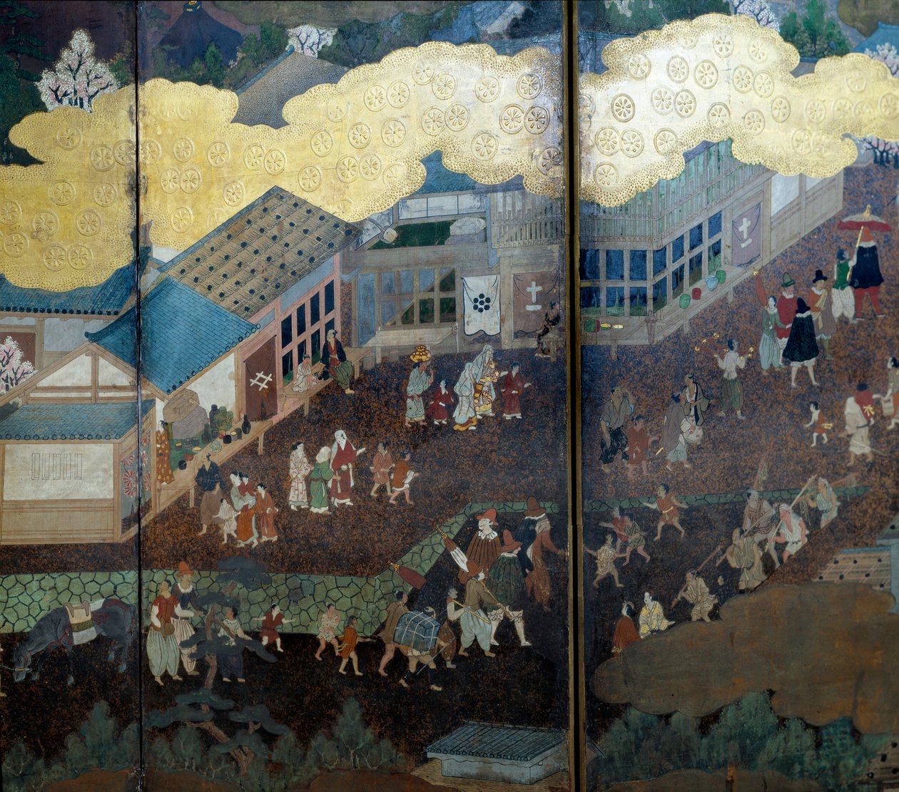 „Portugiesischer“ Bildschirm: Darstellung der Ankunft portugiesischer Jesuitenmissionare in Japan im 16. Jahrhundert (Detail) von Japanese School