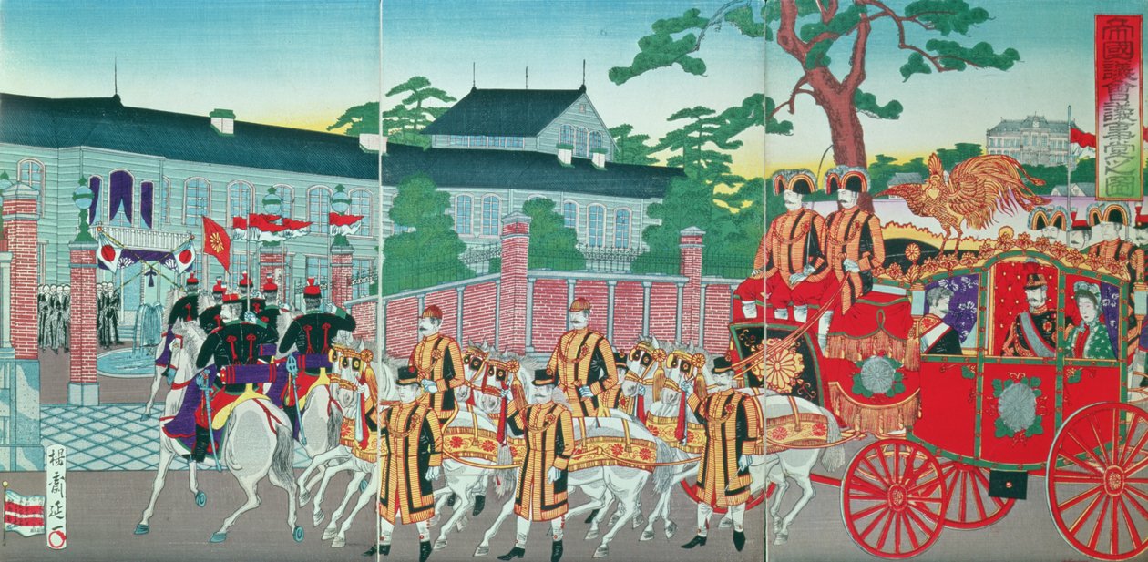 Der Kaiser Mutsuhito (1852-1912) kehrt in seinen Palast in Tokio zurück, späte 19. Jahrhundert von Japanese School