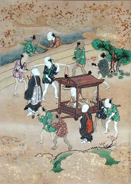 Der Mönch Shogaku (1126-1235) reist in einem Koshi von Japanese School