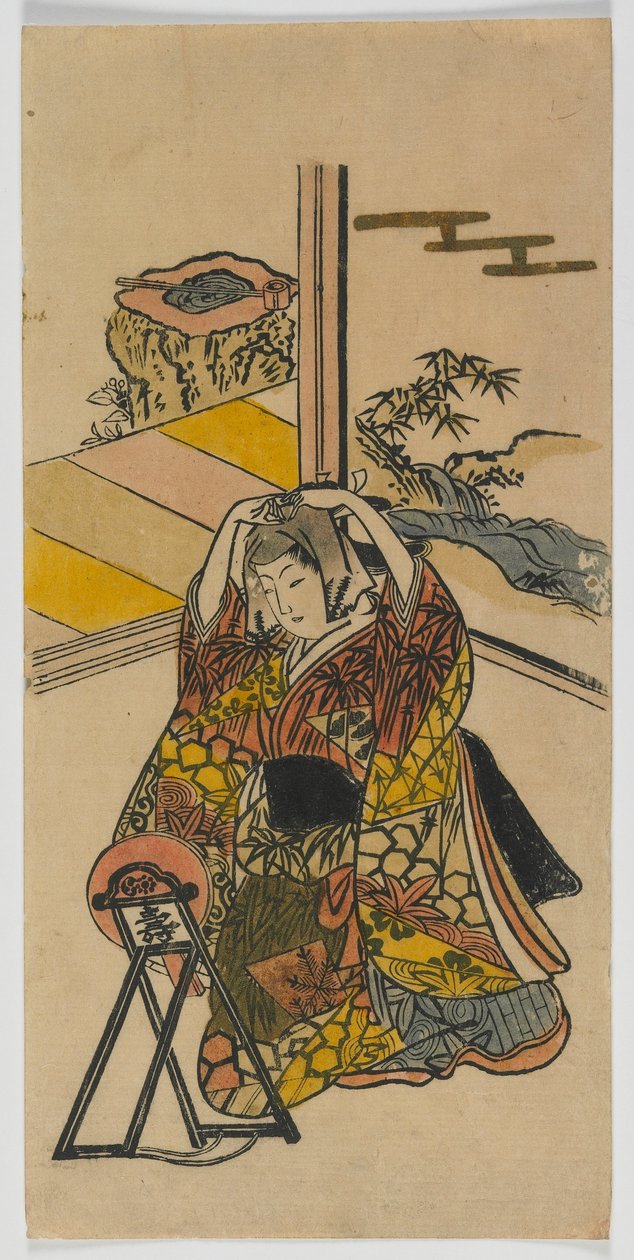 Junge Frau, die neben einem Spiegel kniet, Edo-Periode, 1720er Jahre von Japanese School