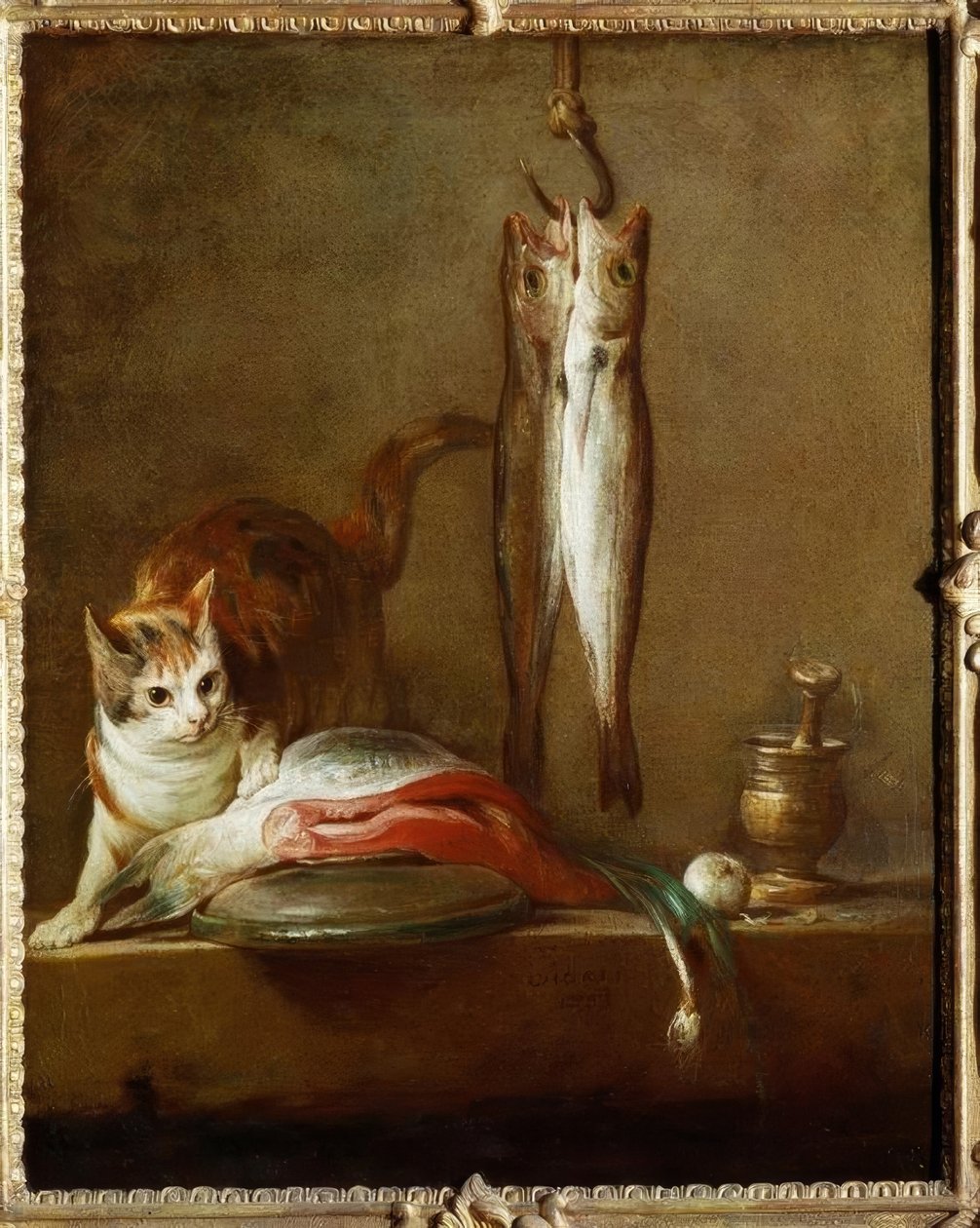 Katze mit Lachsscheibe, zwei Makrelen, Mörser von Jean Baptiste Simeon Chardin
