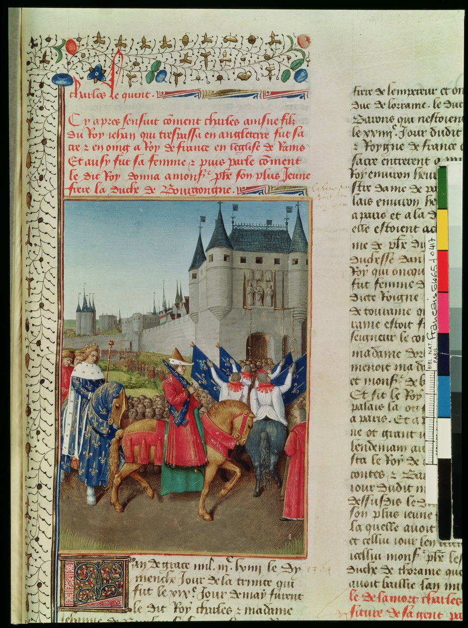 Ms 6465 f.417 Die Ankunft von Karl V. (1337-80) in Paris, 28. Mai 1364, ca. 1460 von Jean Fouquet