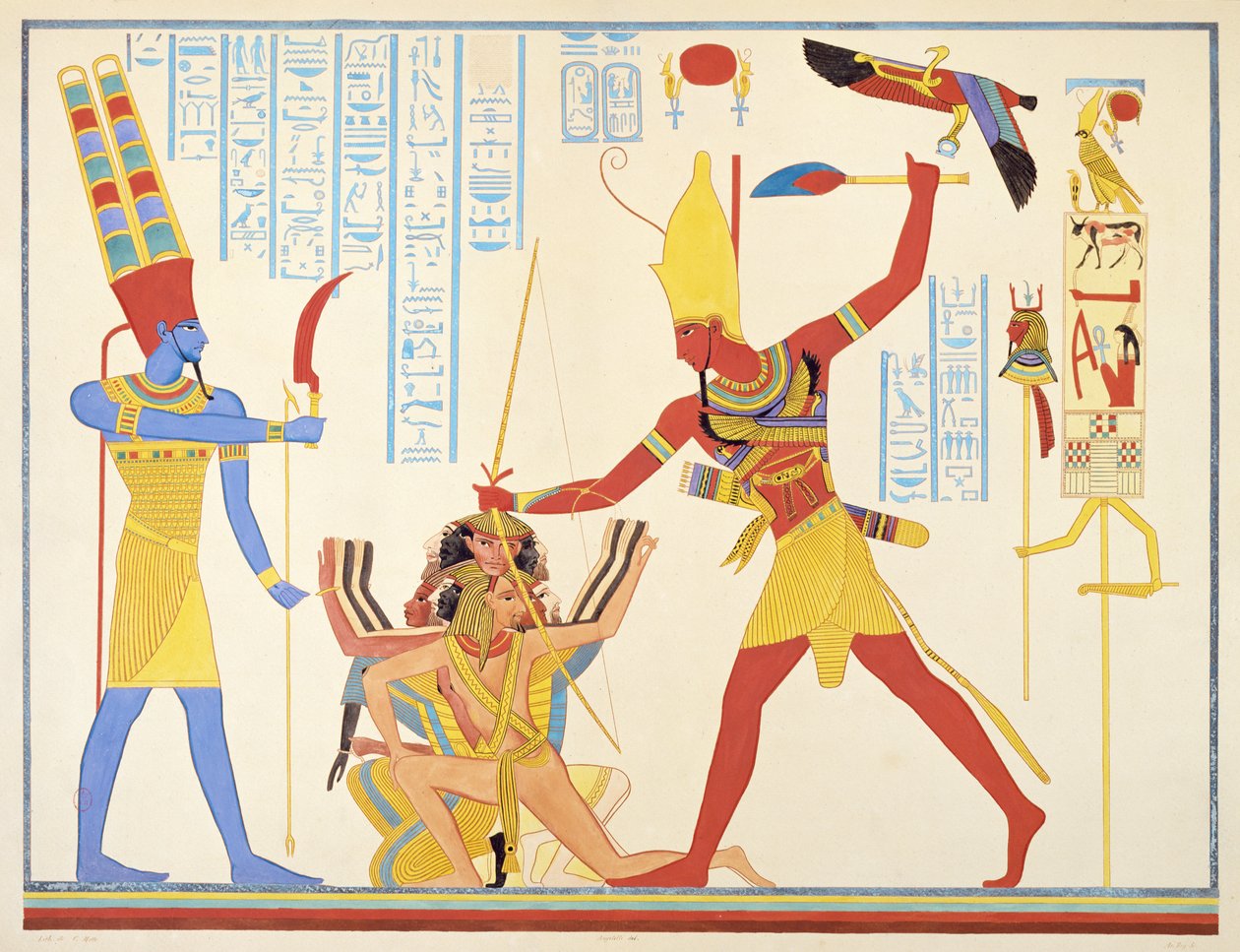 Der Gott Amun bietet dem Pharao Ramses III. eine Sichelwaffe an, während er zwei gefangene Feinde schlägt, 1835-45 von Jean Francois Champollion