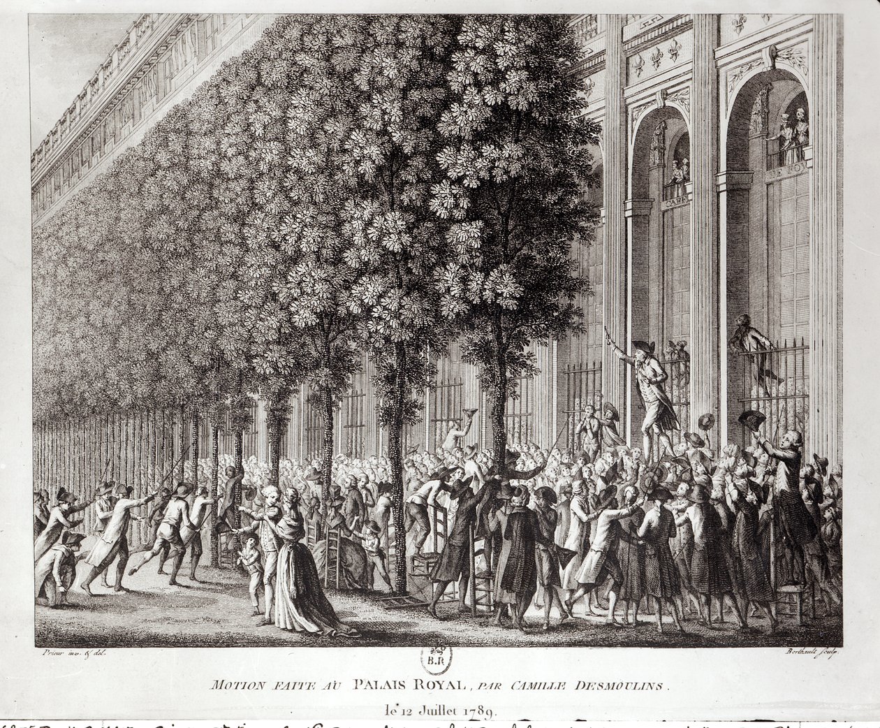 Camille Desmoulins (1760-94) spricht am Palais Royal, 12. Juli 1789, graviert von Pierre Gabriel Berthault (1737-1831) von Jean Louis the Younger Prieur