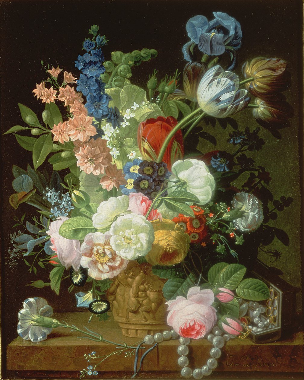 Stillleben mit Rosen, Tulpen, Nelken und anderen Blumen in einer dekorativen Urne auf einem Stein Sims von Jean-Louis Prevost
