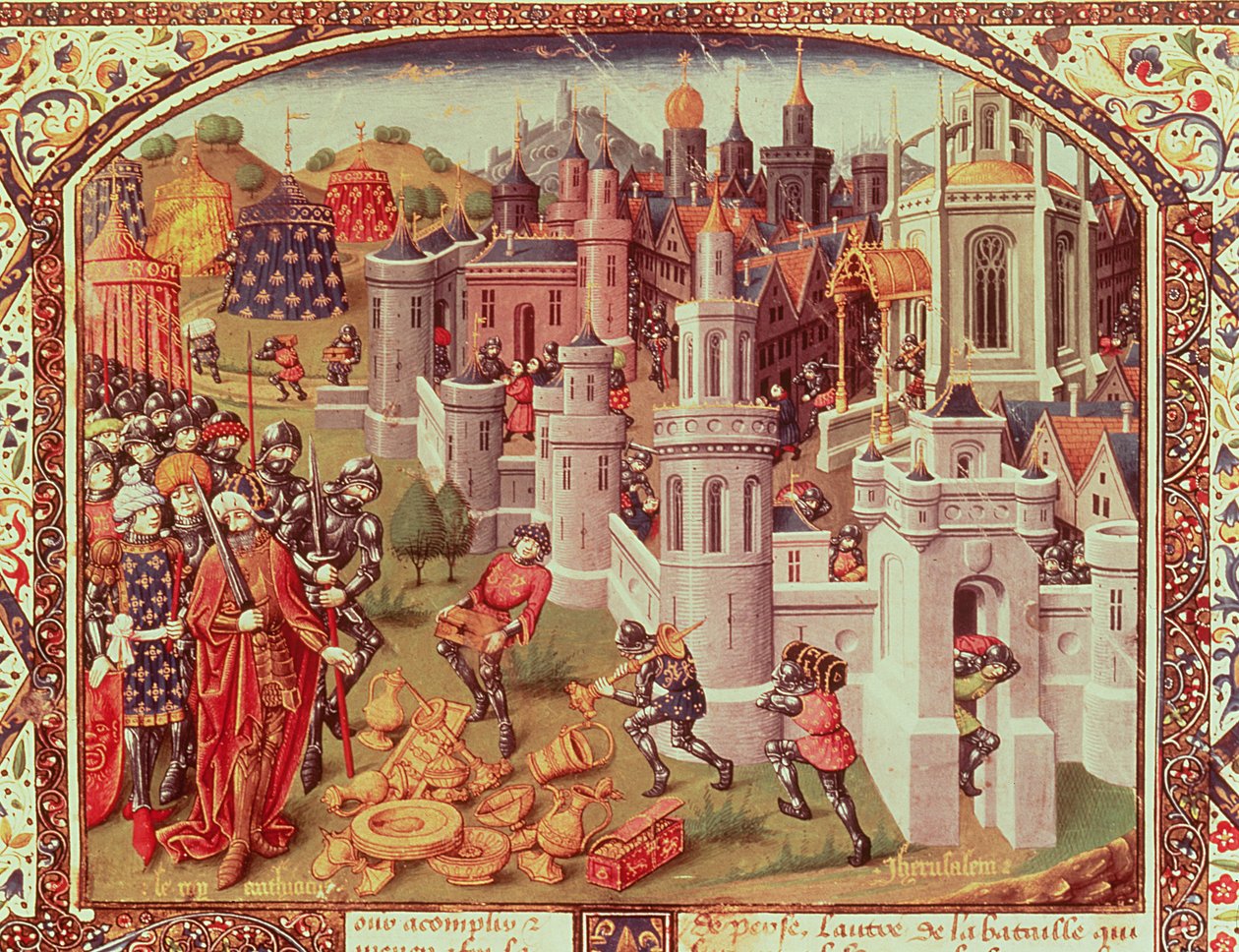 Plünderung Jerusalems nach der Eroberung durch die Christen 1099, illuminierte Miniatur aus einer Universalchronik, 1440 von Jean de Courcy