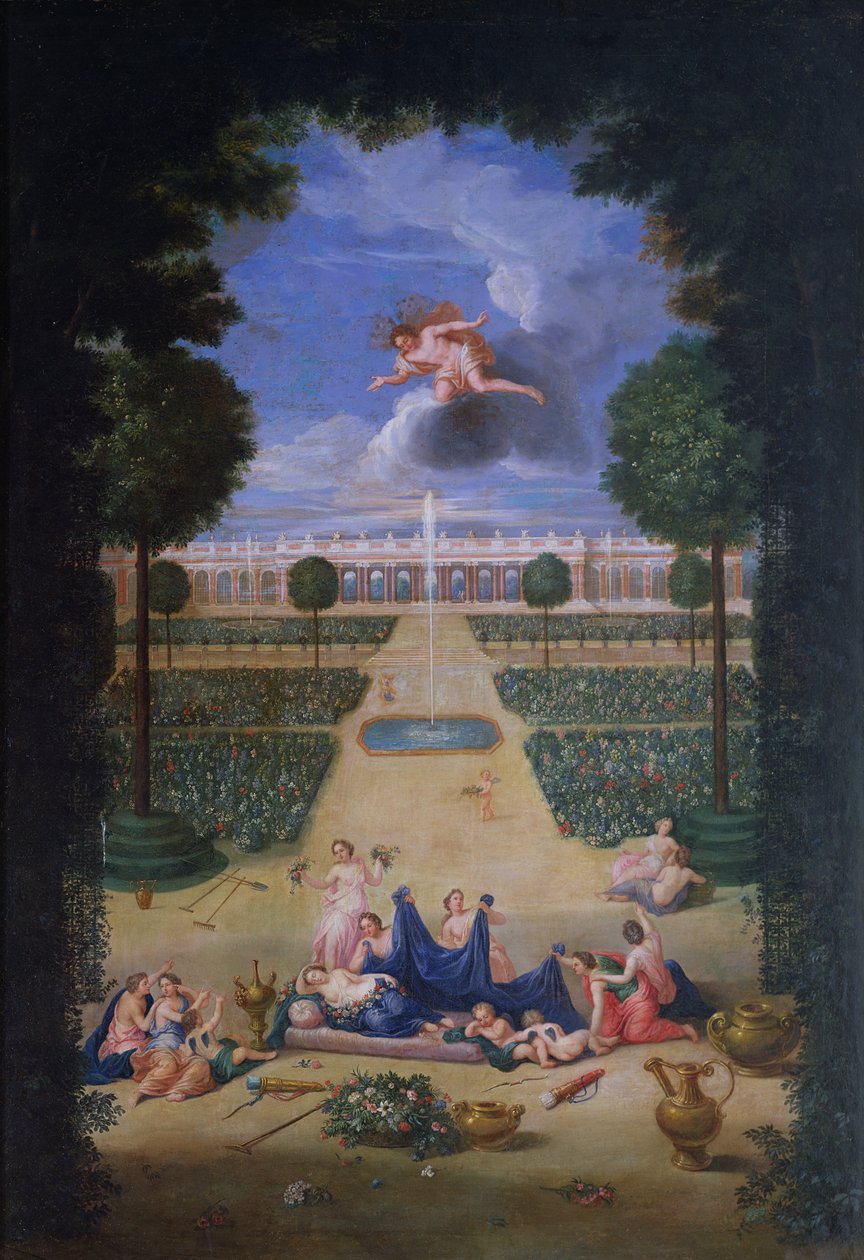 Die Haine von Versailles. Ansicht der Parterres von Trianon mit Flora und Zephyr von Jean the Younger Cotelle