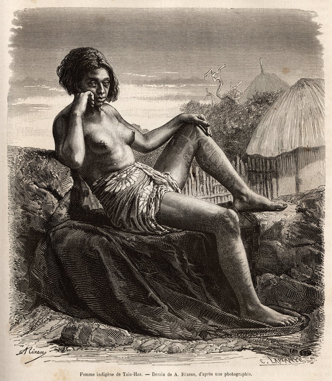 Eingeborene Frau von Taio-Hae (oder Taio Hae), im Archipel der Marquesas, zeigt lässig ihre tätowierten Beine, Gravur nach einer Zeichnung von A. Rixens, die die Erinnerungen des Pazifiks, 1872-1874, von A. Pailhes, einem Schiffssignal, illustriert, veröff von Jean Andre Rixens