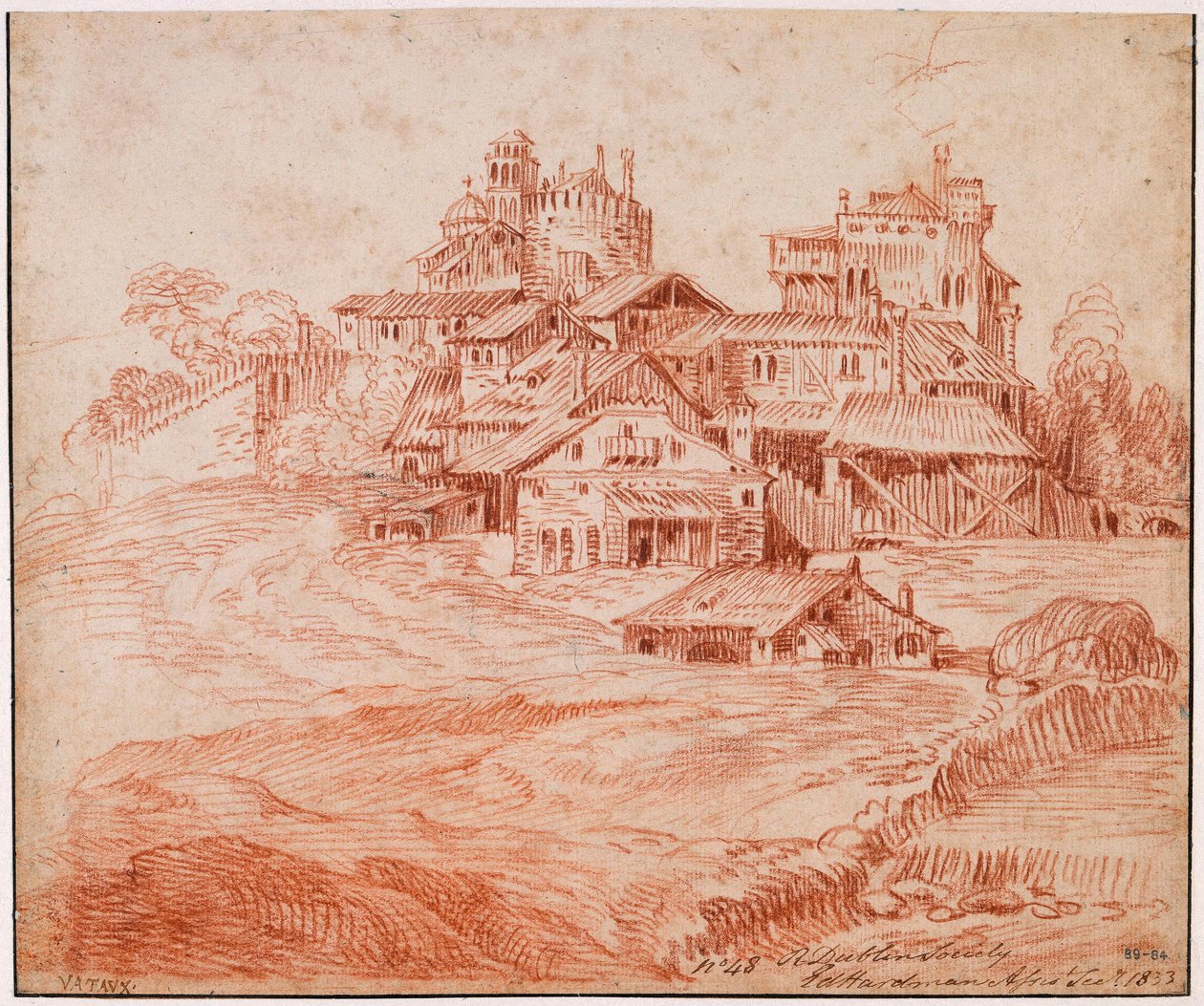 Befestigtes Dorf mit Burg, Bergfried und Kirche von Jean-Antoine Watteau