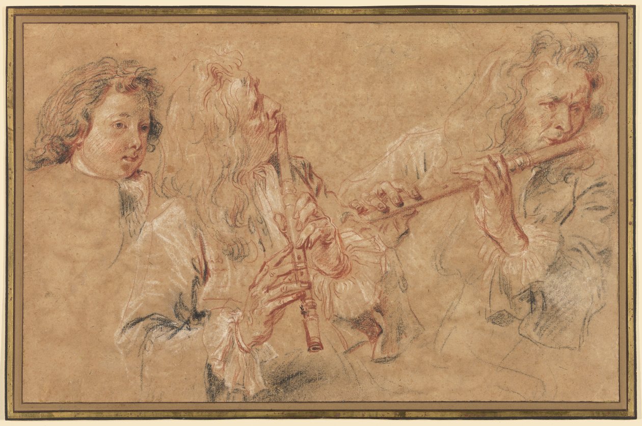 Zwei Studien eines Flötisten und eine Studie des Kopfes eines Jungen von Jean-Antoine Watteau