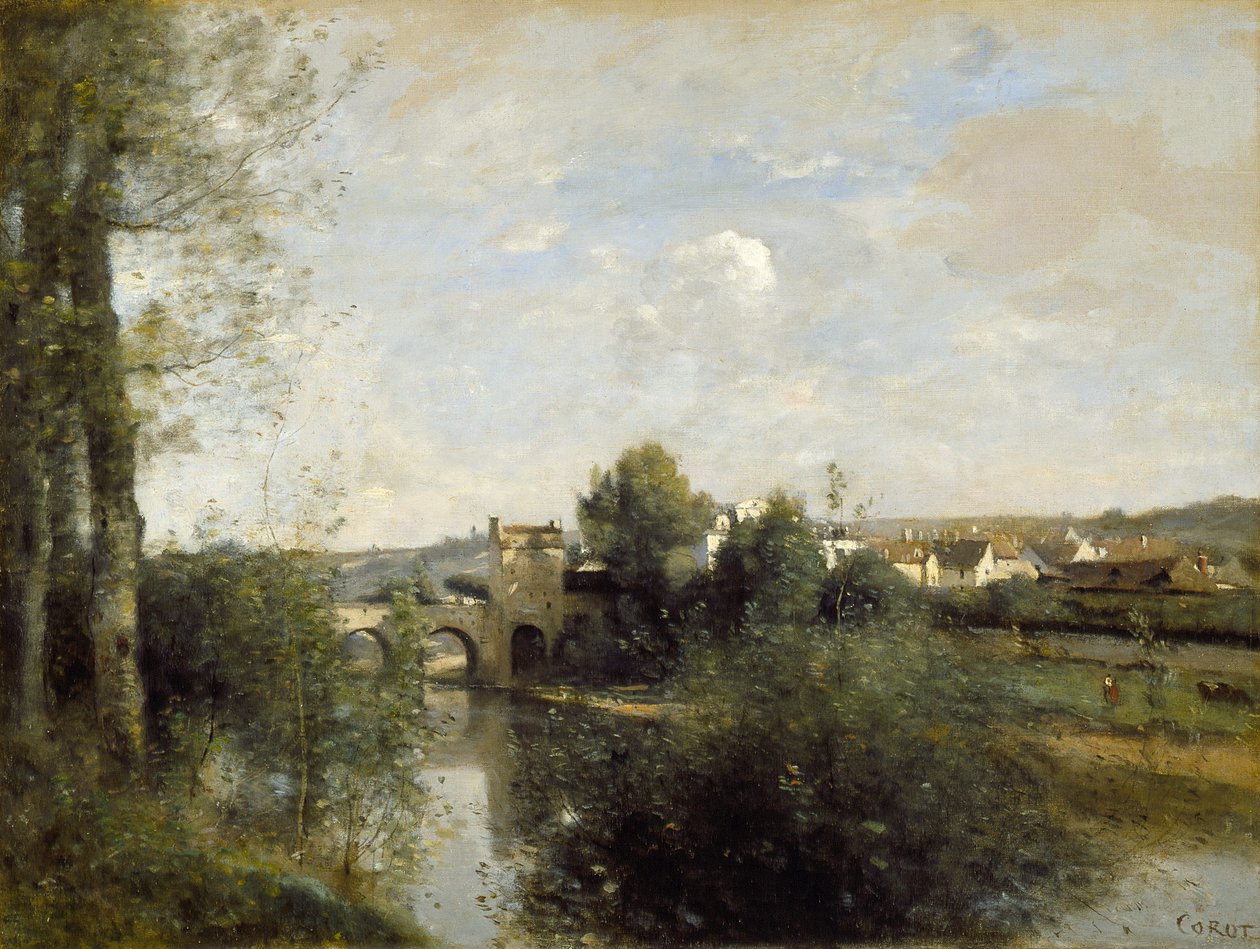 Seine und alte Brücke bei Limay von Jean-Baptiste-Camille Corot