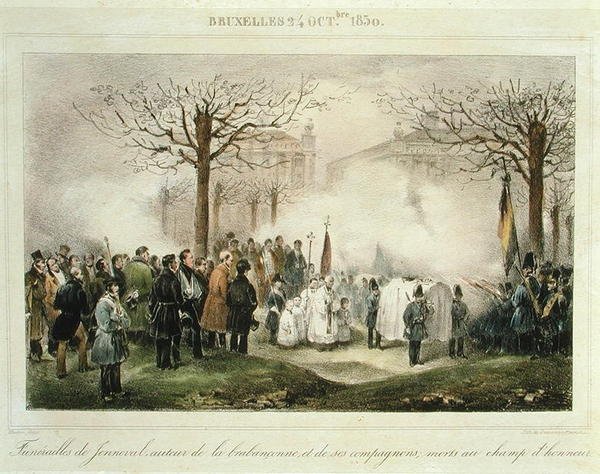 Das Begräbnis von Louis-Alexandre Dechet (Jenneval) (1801-30) und seiner Gefährten, die auf dem Feld der Ehre starben, 24. Oktober 1830, graviert von Dewasme-Pletinckx von Jean Baptiste (after) Madou