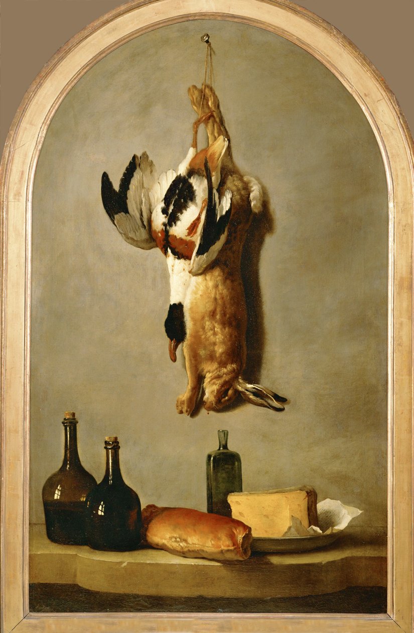 Stillleben mit totem Hasen, Ente, Flaschen, Brot und Käse von Jean Baptiste (school of) Oudry