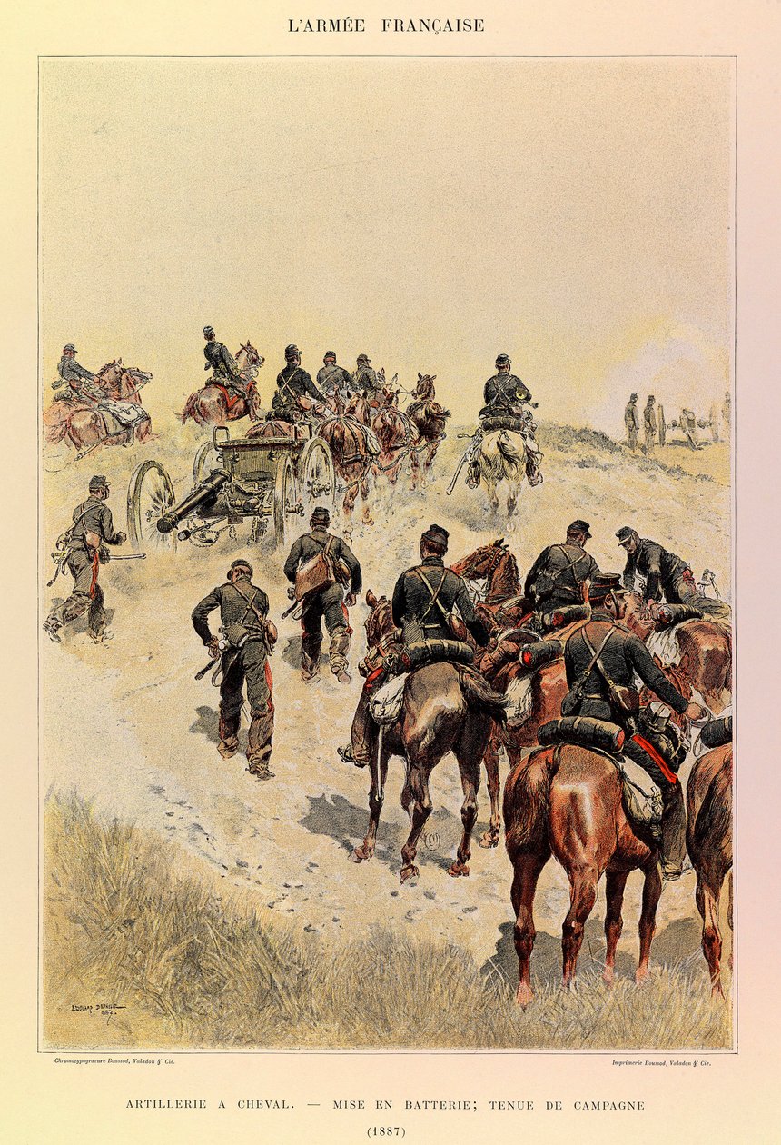 Typen und Uniformen der französischen Armee von Hauptmann Jules Richard, illustriert von Edouard Detaille: Artillerie zu Pferd; Batterien; Felddress 1887 von Jean-Baptiste Edouard Detaille