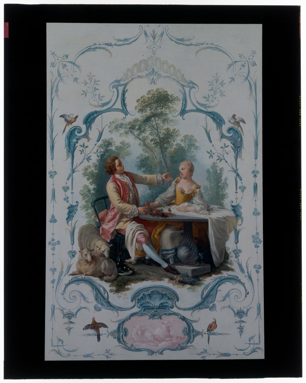 Zwei dekorative Paneele mit Liebespaaren mit den Titeln "Das Picknick" und "Der Toast" von Jean Baptiste Huet