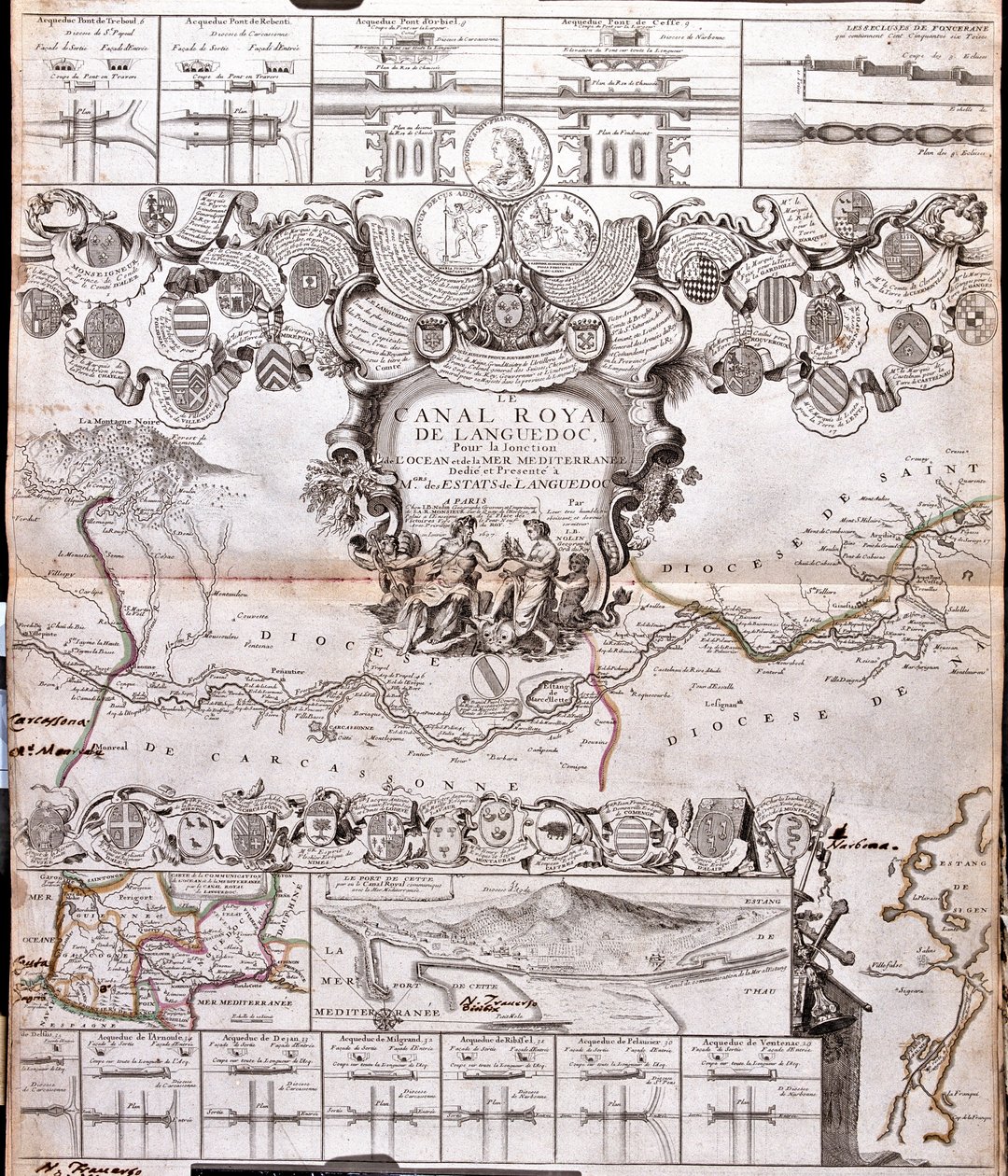 Projekt für den Bau eines Kommunikationskanals zwischen dem Atlantischen Ozean und dem Mittelmeer, einschließlich Teil etwa zwischen Pexiora und Ouveillan; in der Region Languedoc-Roussillon, Frankreich von Jean Baptiste Nolin