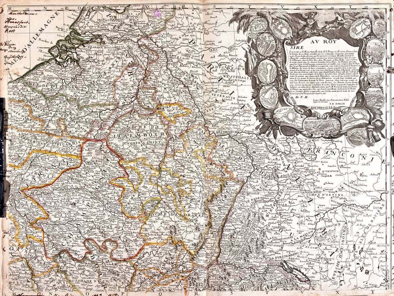Südliche Niederlande, Belgien, Frankreich (Region: Nord-Pas-de-Calais, Picardie, Île-de-France, Ost-Zentrum, Nordburgund, Nordfranche-Comté, Champagne-Ardenne, Lothringen, Elsass), Schweiz (Kanton: Jura, Basel-Stadt, Basel-Landschaft, Solothurn, Aargau, Zü von Jean-Baptiste Nolin