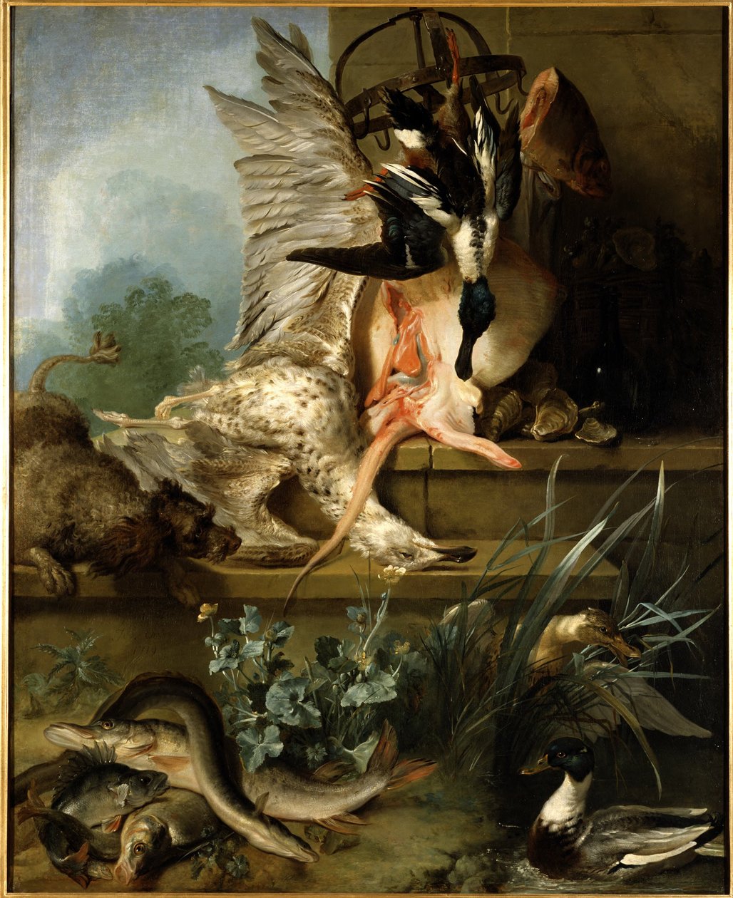 Stillleben mit einem Spaniel, der Enten jagt ("Wasser") von Jean-Baptiste Oudry