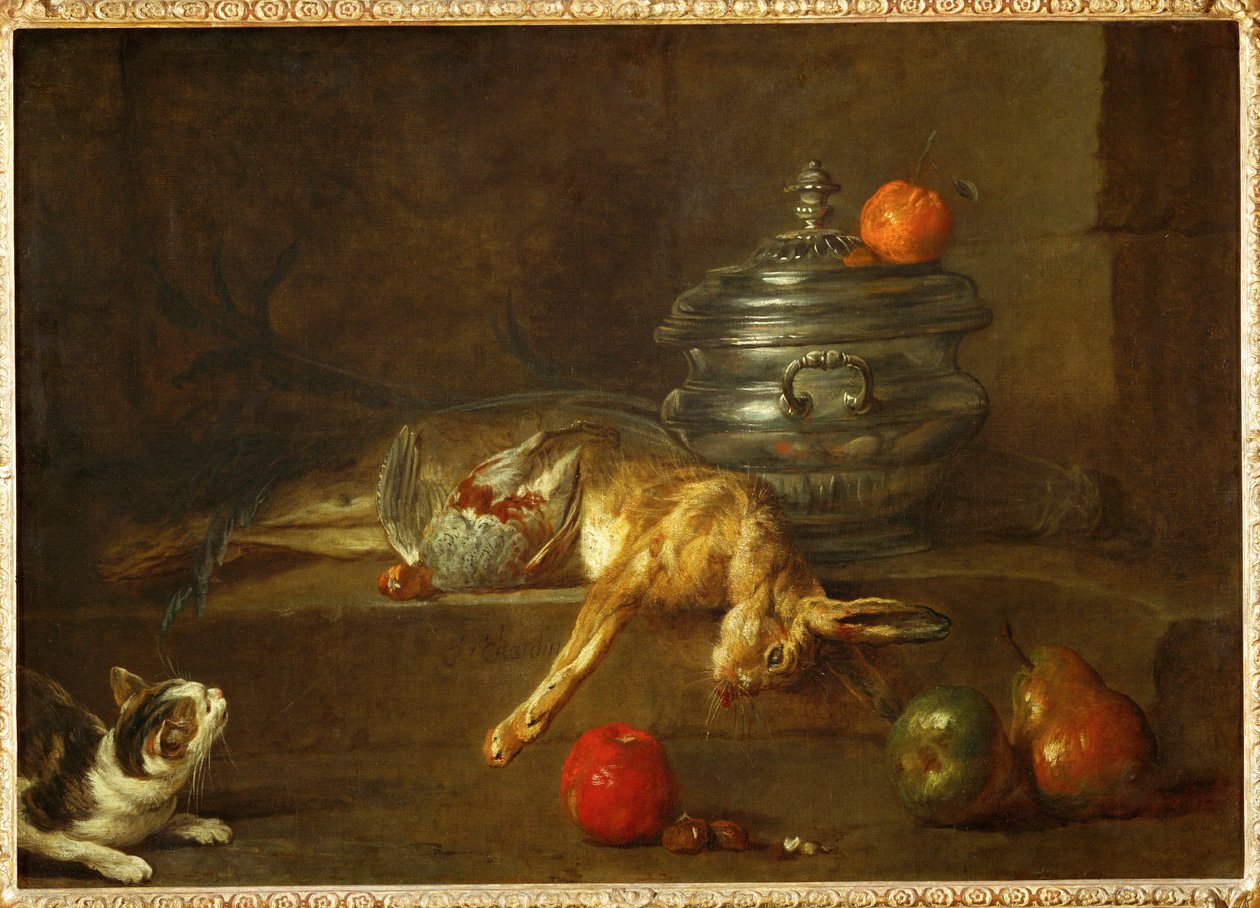 Katze betrachtet ein totes Rebhuhn und einen toten Hasen, neben einem Ölkrug von Jean-Baptiste Simeon Chardin