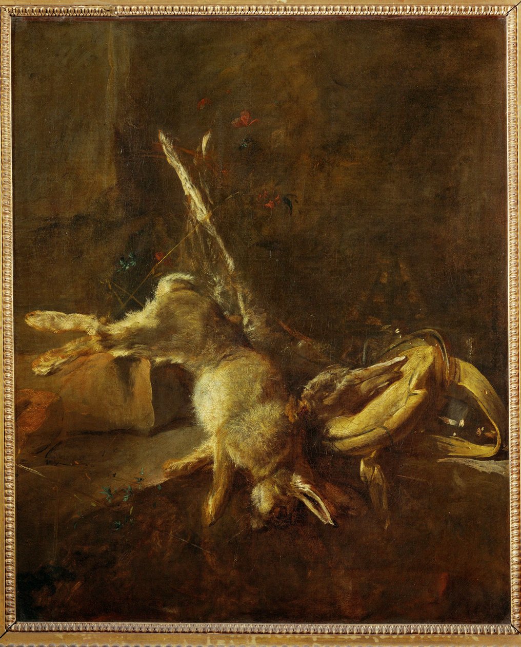 Zwei Hasen, ein Jagdsack und eine Pulverflasche von Jean-Baptiste Simeon Chardin