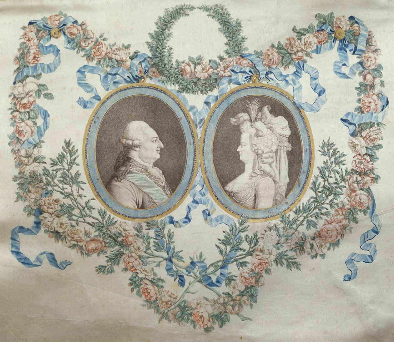 Deckel der Bonbonniere, zeigt Louis XVI (1754-93) und Marie Antoinette (1752-93), ca. 1785 (bedruckte Seide) von Jean Francois Janinet