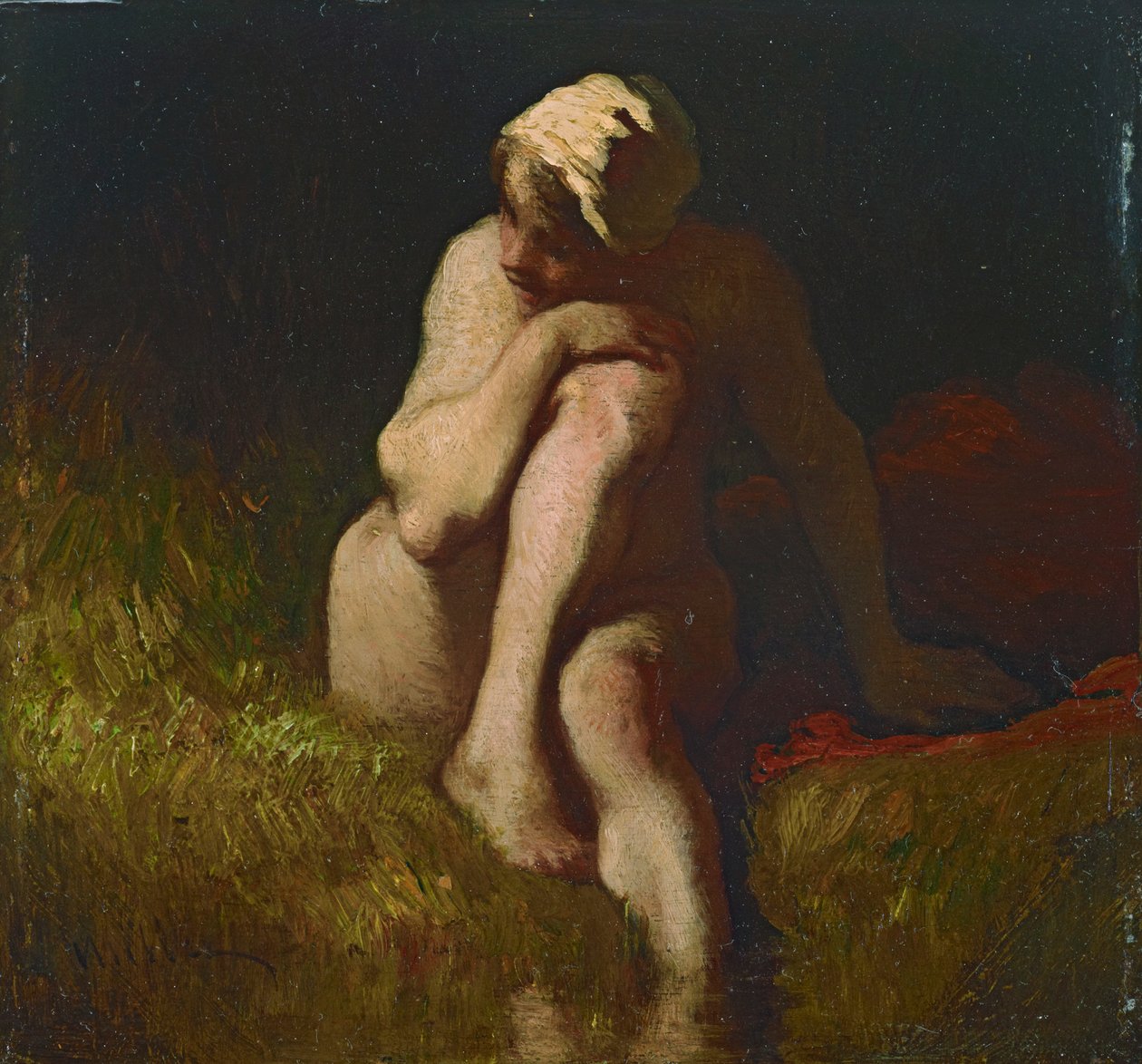 Nacktes Bauernmädchen an der Böschung eines Baches sitzend von Jean-Francois Millet