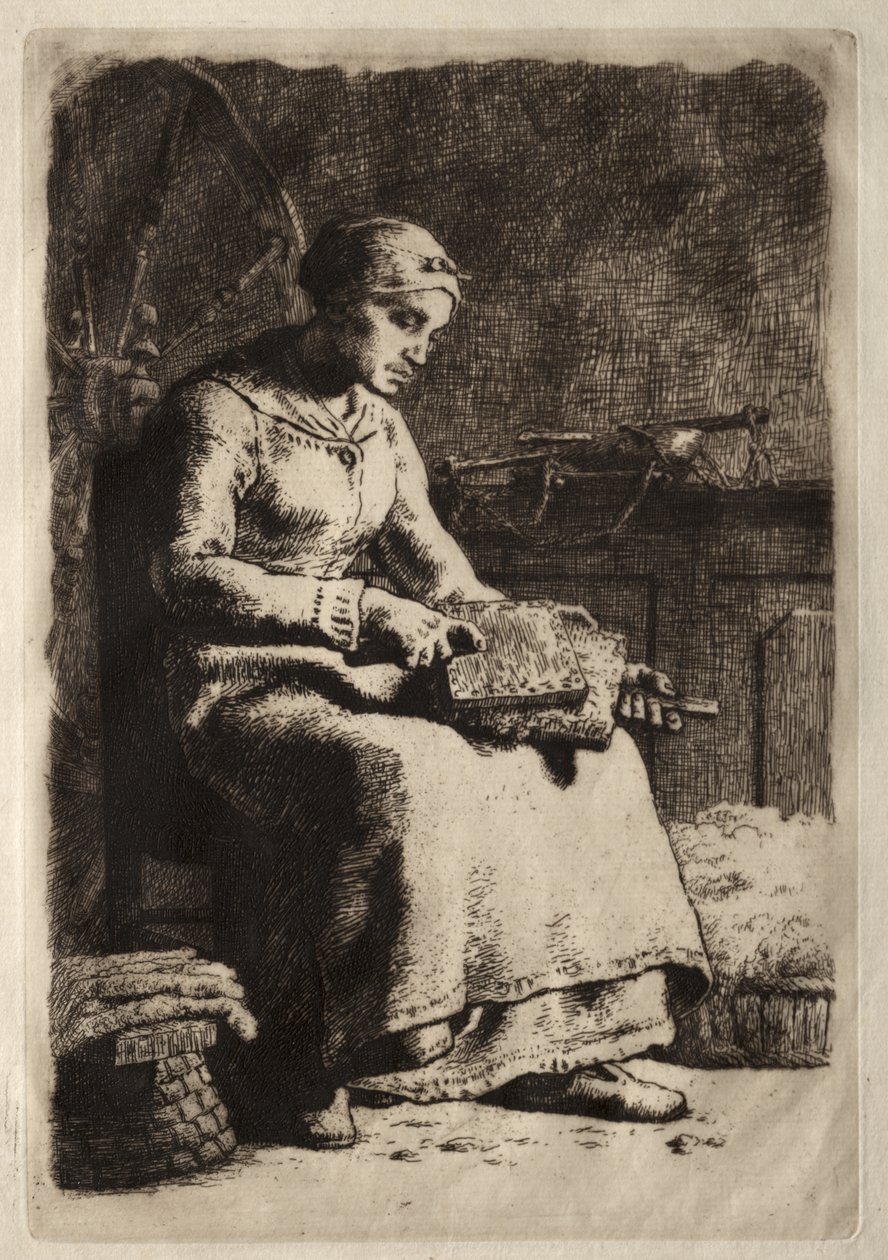Frau beim Karden von Wolle von Jean-Francois Millet