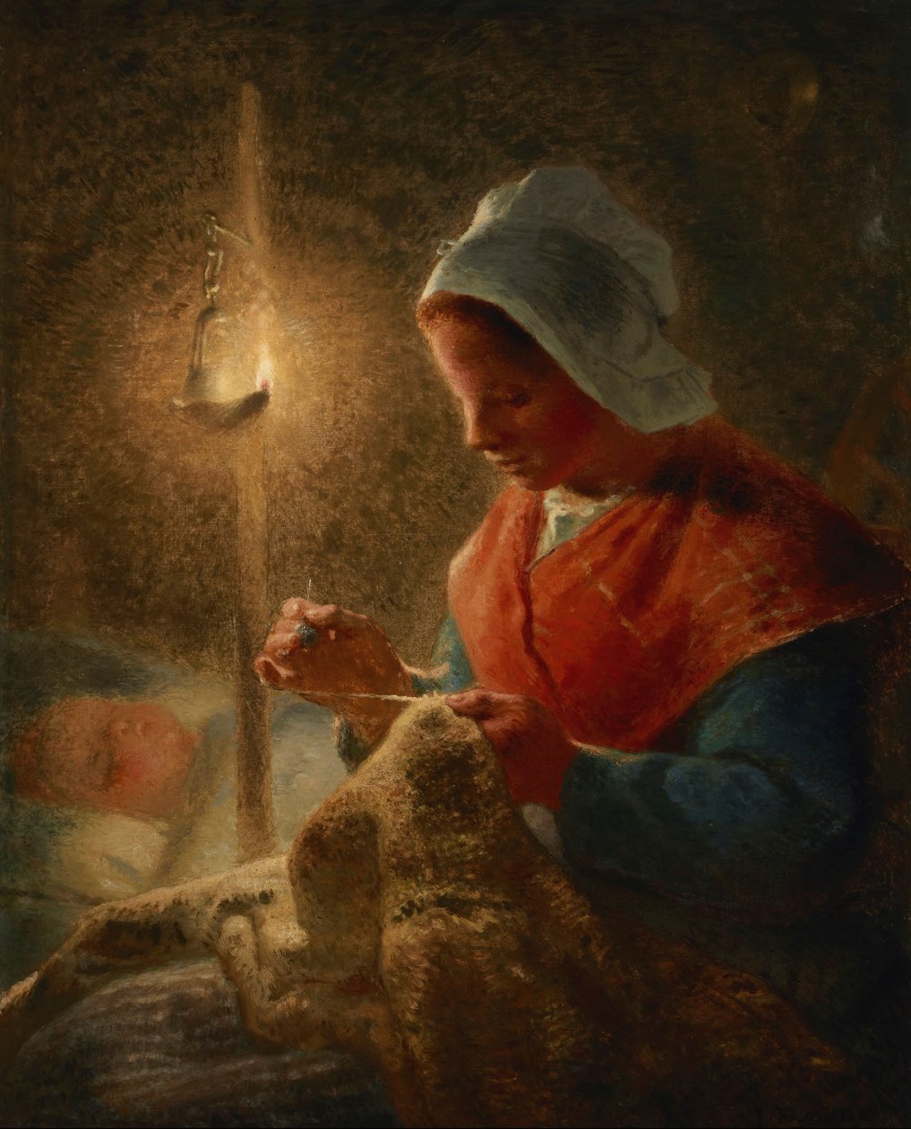 Bei Lampenlicht nähende Frau von Jean-Francois Millet