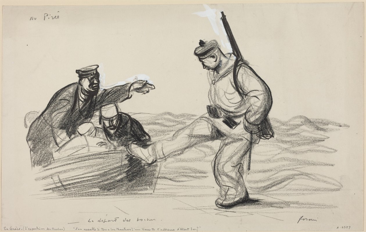 Am Piräus. -Die Abfahrt der Boches., um 1914-1919 von Jean-Louis & Caran D