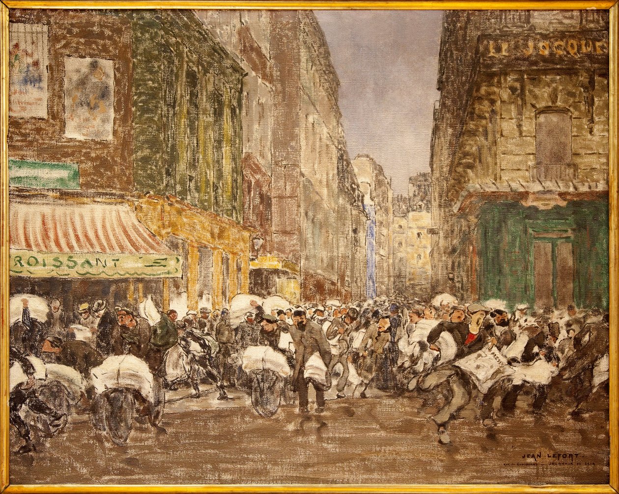 Die Veröffentlichung der Abendzeitungen, Rue du Croissant im Jahr 1914, zeigt die Aktivitäten der Presse im 2. Arrondissement von Paris von Jean Louis Lefort
