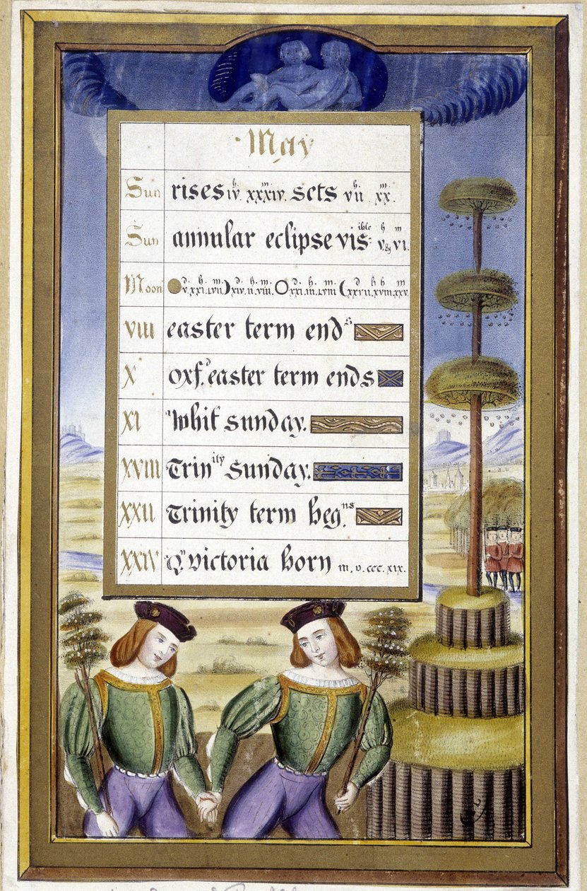 Mai: Maibaum (Zwillinge) - Faksimile der Stunden von Anne von Bretagne, von Jean Bourdichon von Jean (after) Bourdichon