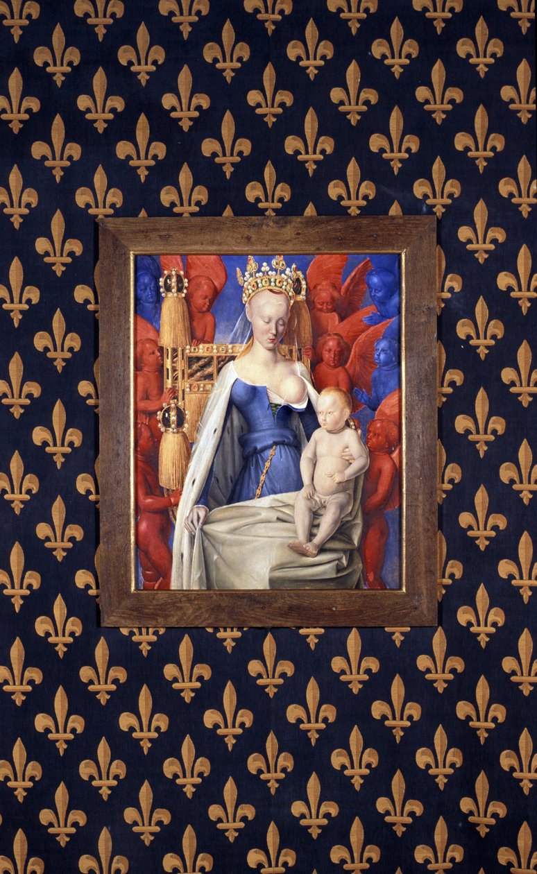 Die stillende Jungfrau in einem Hermelinmantel dargestellt als Agnes Sorel - (nach der Jungfrau von Antwerpen, von Jean Fouquet, ca. 1452-1455) von Jean (after) Fouquet