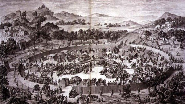 Tchao-Hoei in seinem Lager unterhalb der Mauern von Yerechim empfängt die Huldigung der Einwohner der Stadt und Provinz im Juli 1759, Tafel 4 aus der Serie von Drucken, die die Eroberungen von Qianlong, dem Kaiser von China, darstellen, gestochen von Pierr von Jean (d.1781) (after) Damascene