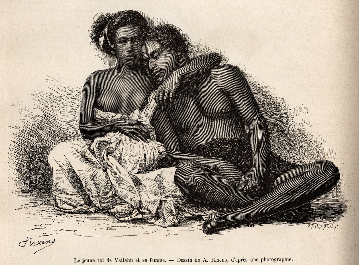 Der junge König von Vaitatu, auf der Insel Tauata, im Archipel der Marquesas-Inseln, umarmt seine Frau, graviert nach einer Zeichnung von A. Rixens zur Illustration der Erinnerungen an den Pazifik, 1872-1874, von A. Pailhes, einem Schiffsoffizier von Jean Andre Rixens