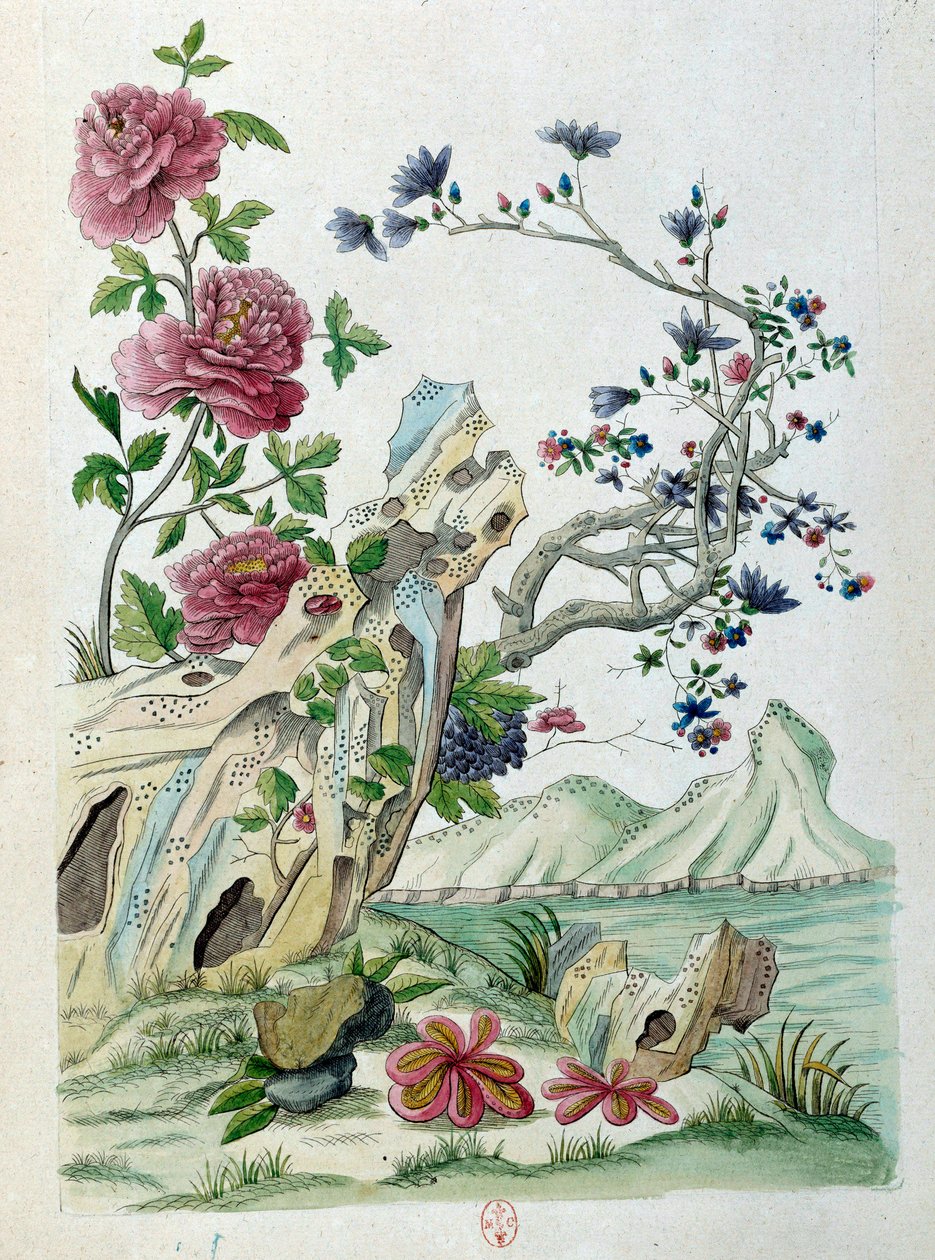 Zeichnung von einer chinesischen Vase: Blumen in einer Landschaft von Jean Antoine Fraisse