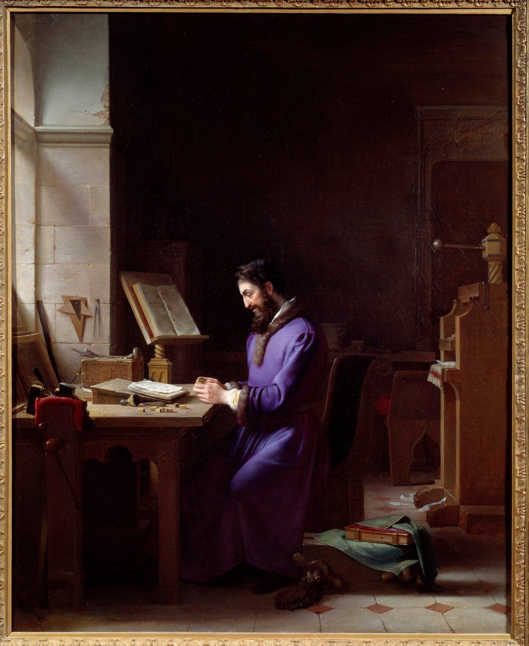 Johannes Gensfleisch Gutenberg (1400-1468) erfindet die Druckerpresse. Der deutsche Drucker stellt in seinem Büro Schriftzeichen her. Gemälde von Jean Antoine Laurent (1763-1832) 1830 Grenoble, Musée des Beaux Arts von Jean Antoine Laurent