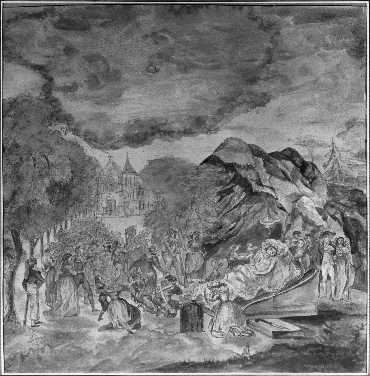 Menschen, die an Marats Leiche vorbeiziehen, nahe der Grotte von Les Cordeliers, 1793 von Jean Antoine Laurent