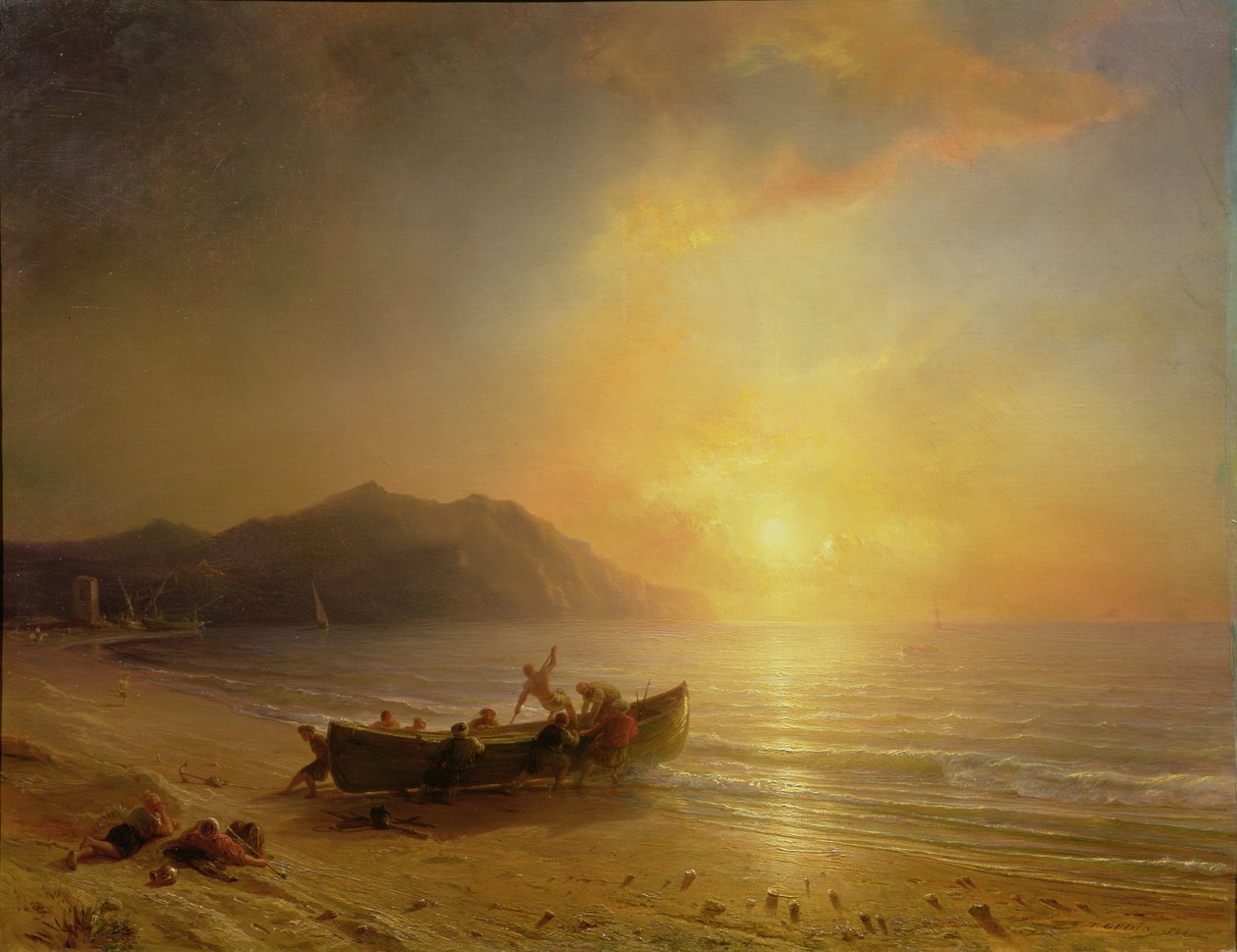 Eine Küstenlandschaft mit arabischen Fischern, die bei Sonnenuntergang ein Boot zu Wasser lassen von Jean Antoine Theodore Gudin