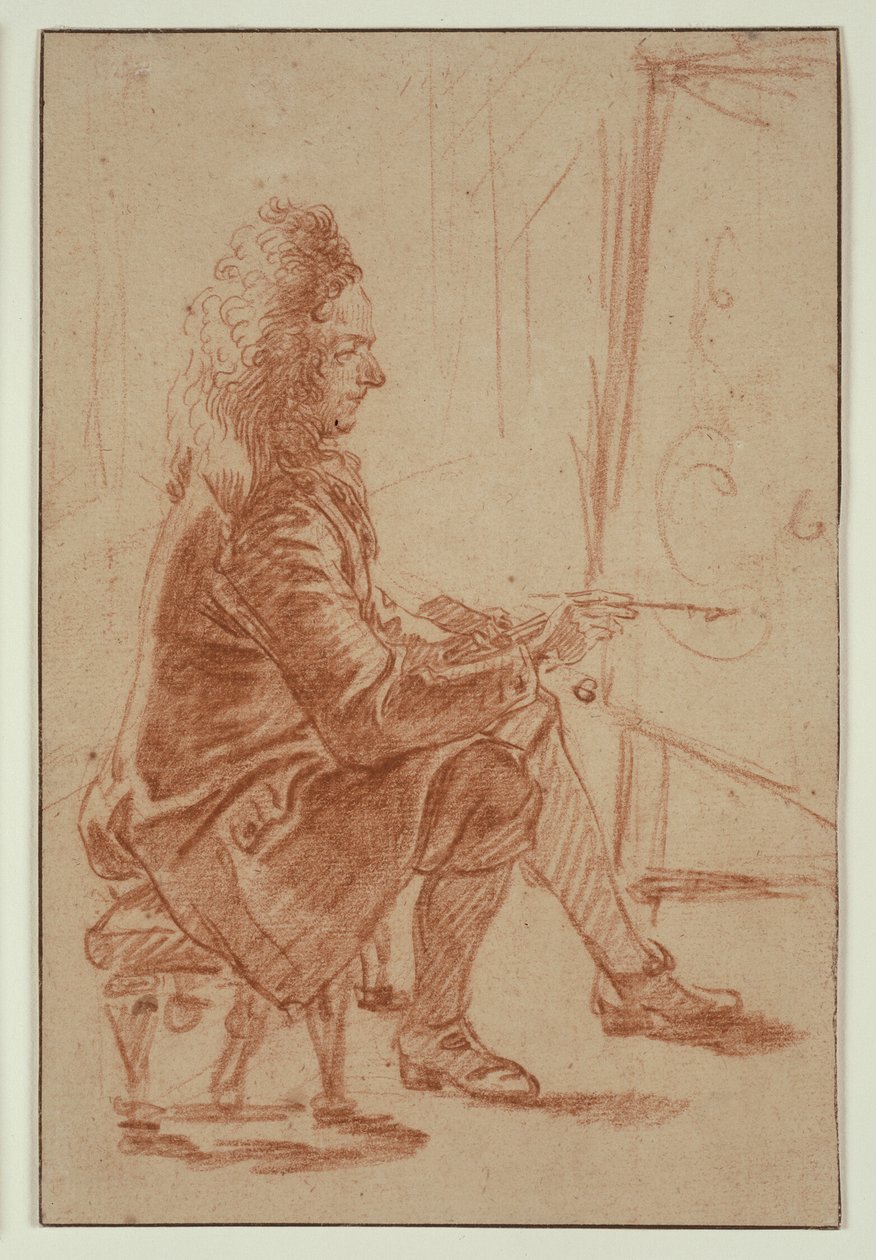 Ein Perückenträger (möglicherweise Claude Audran), am Staffelei sitzend, im Profil gesehen von Jean Antoine Watteau